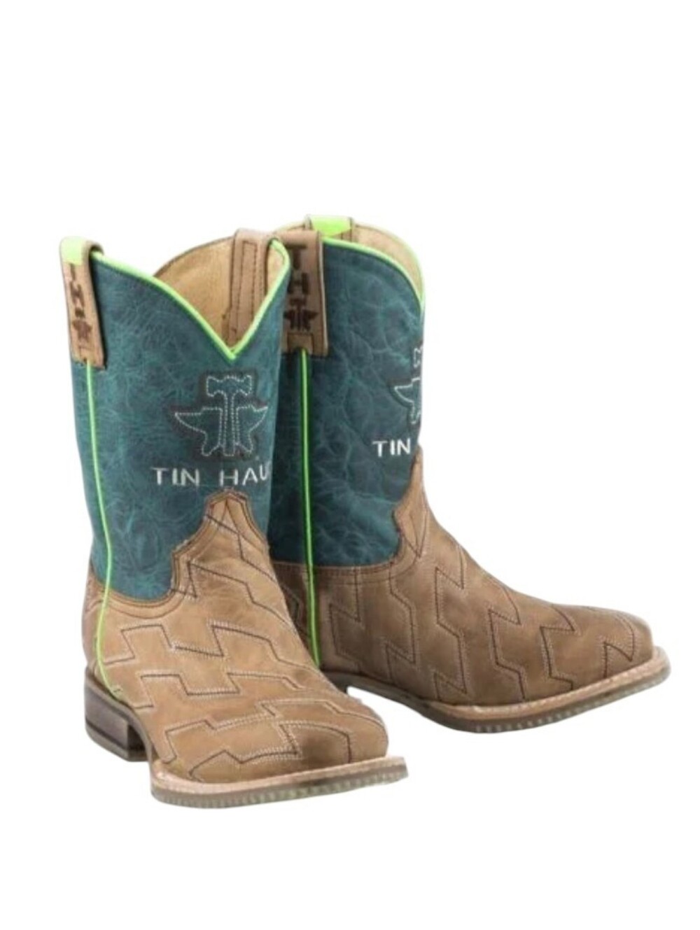 Kids/Boys TIN HAUL "Horse Power" Green/Tan leather cowboy boots sz 3